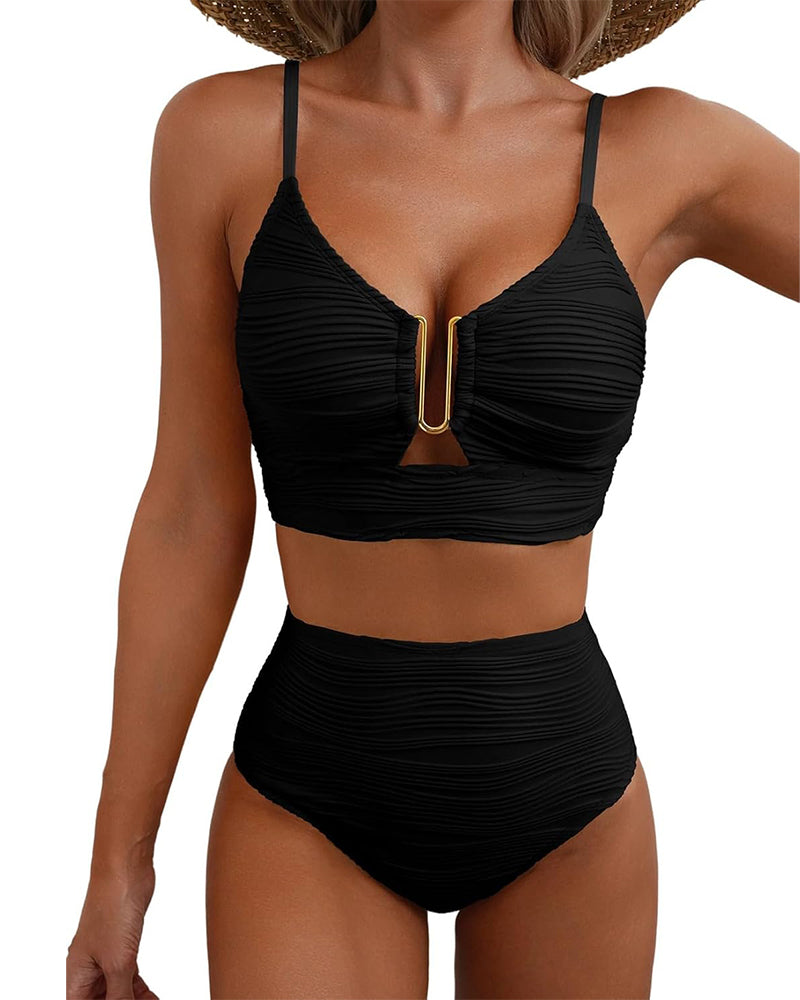 Maillot de bain taille haute en tissu texturé avec découpes U