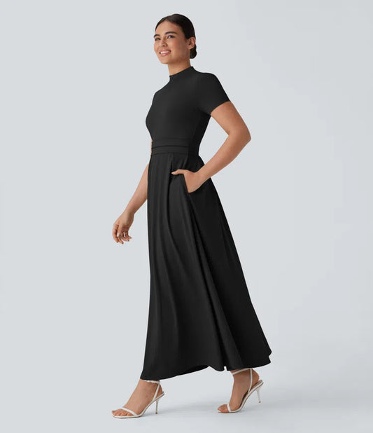 Freizeit-Flare-Maxikleid mit Stehkragen, Seitentaschen und kurzen Ärmeln