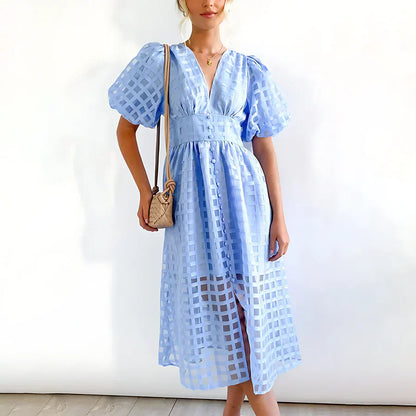 Cindy - Classic Patterned Puff Sleeve Midi Dress