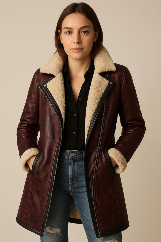 Lily | Manteau en cuir d'agneau bordeaux vintage